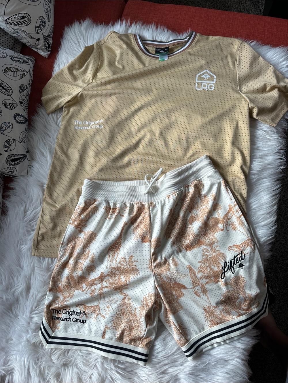 LRG Tan Athletic Shorts Large with Cream tropical Print and Jersey shirt XL